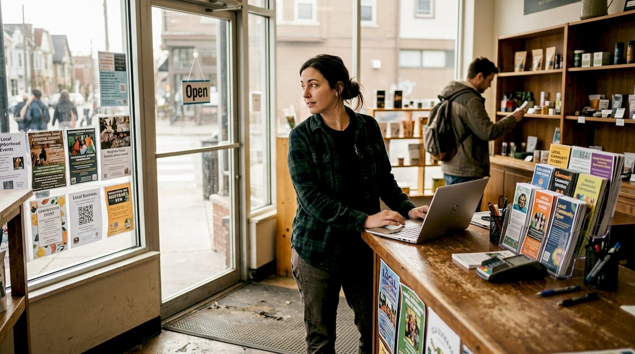 Cannabis business storefront with manager and customer