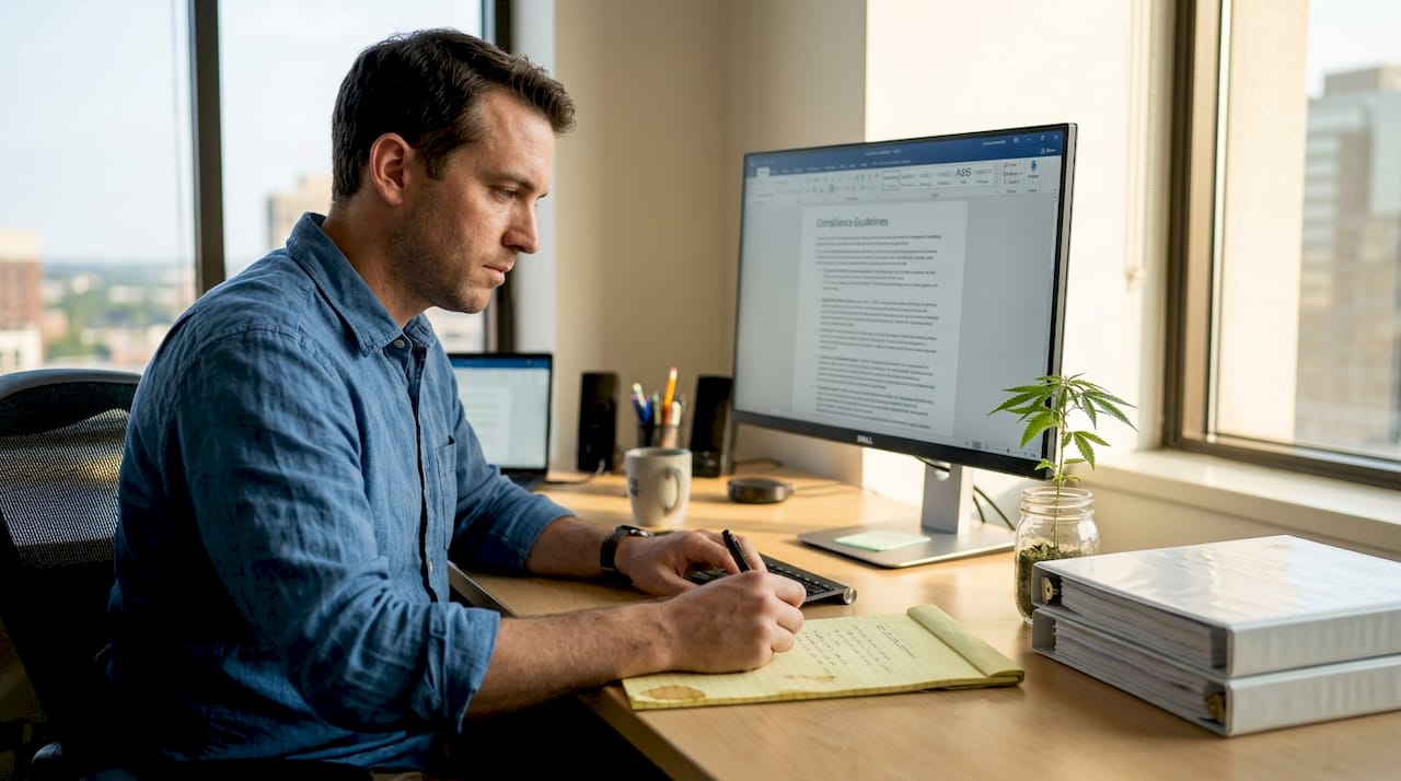 Professional reviewing hemp compliance at office desk