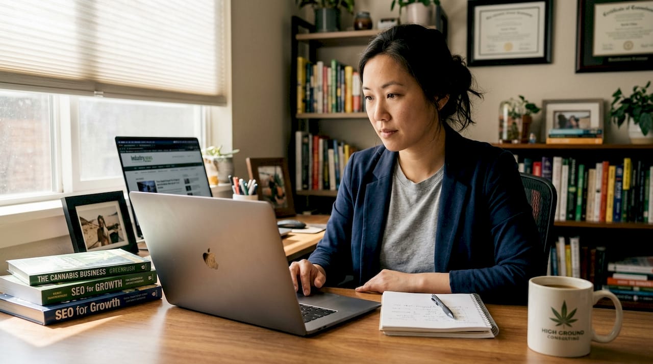 Cannabis business owner working at laptop