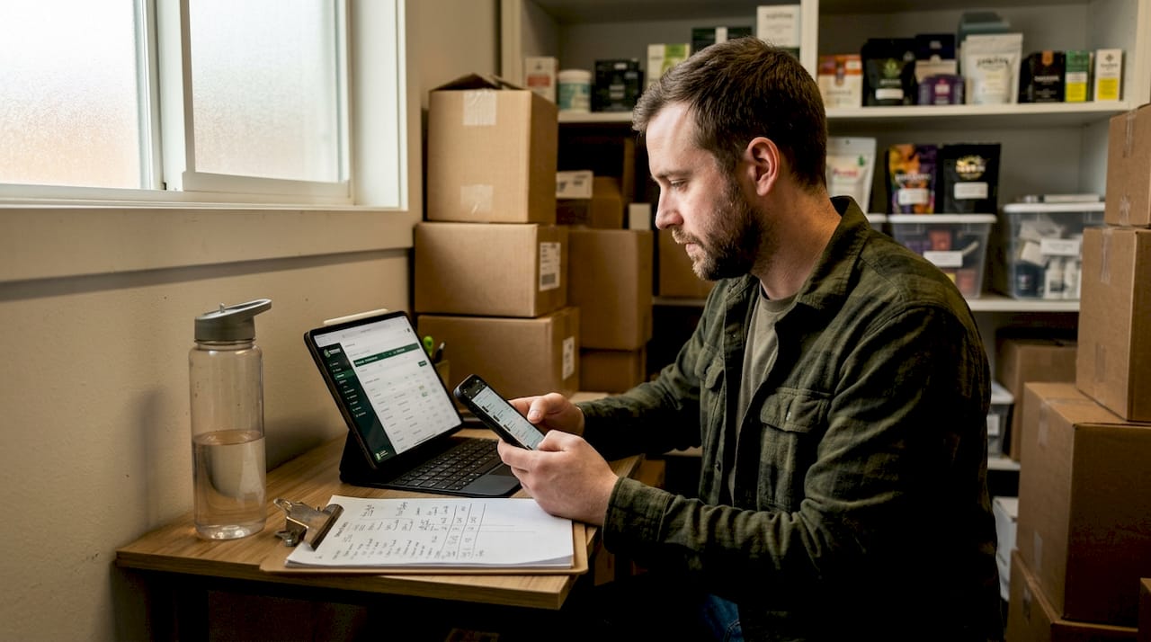 Manager checks cannabis website on smartphone