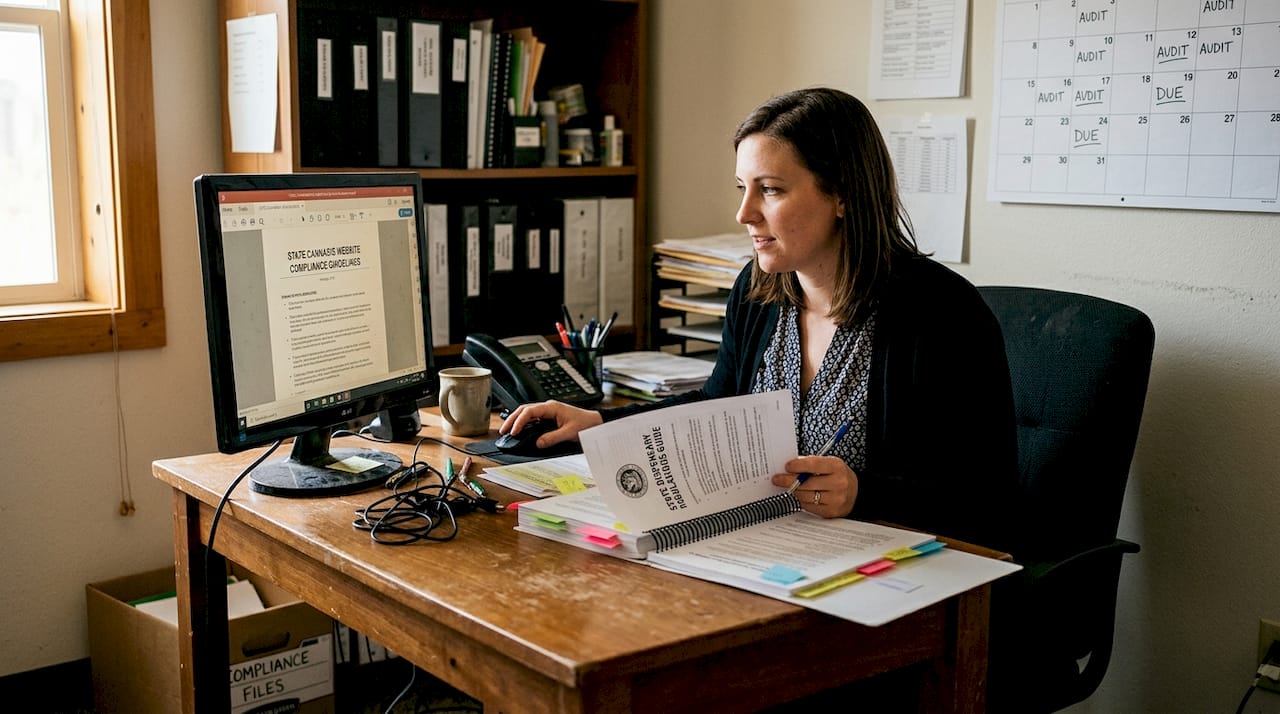 Compliance officer reviewing cannabis website rules