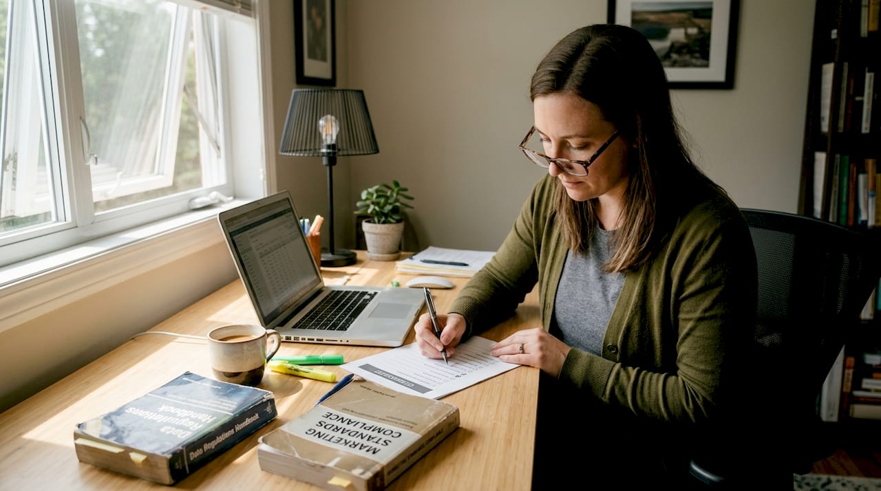 Marketing manager auditing cannabis content at desk