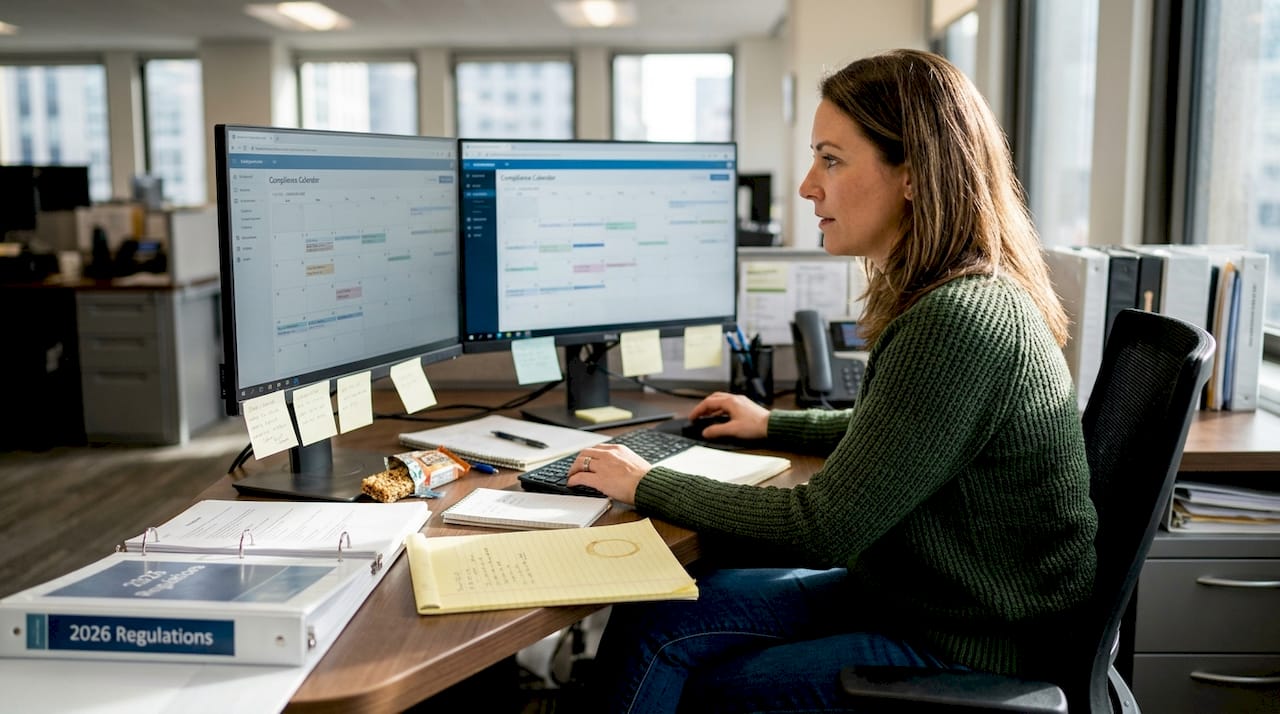 Manager updating compliance calendar at desk