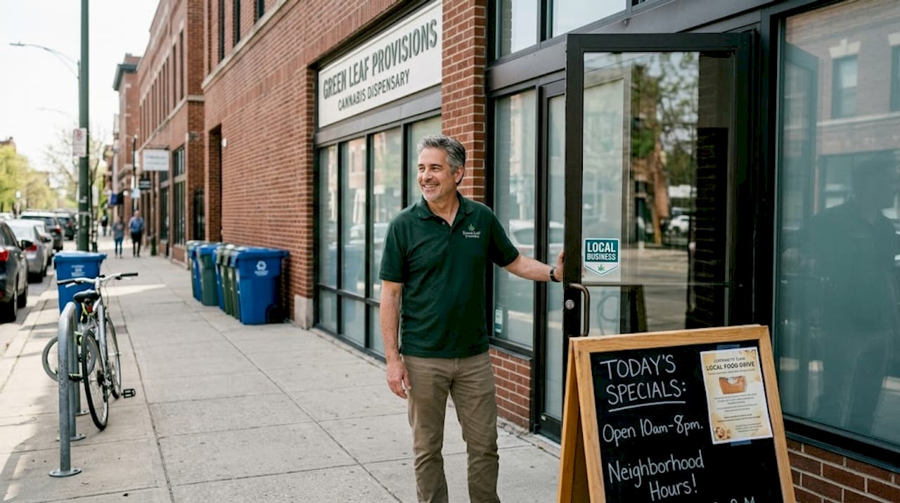 Manager opening local dispensary front entrance