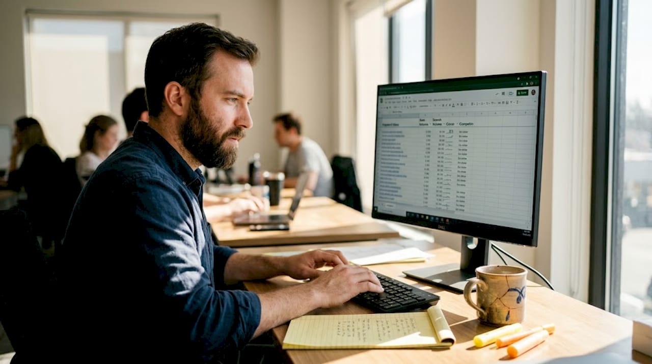Man researching cannabis SEO at coworking desk