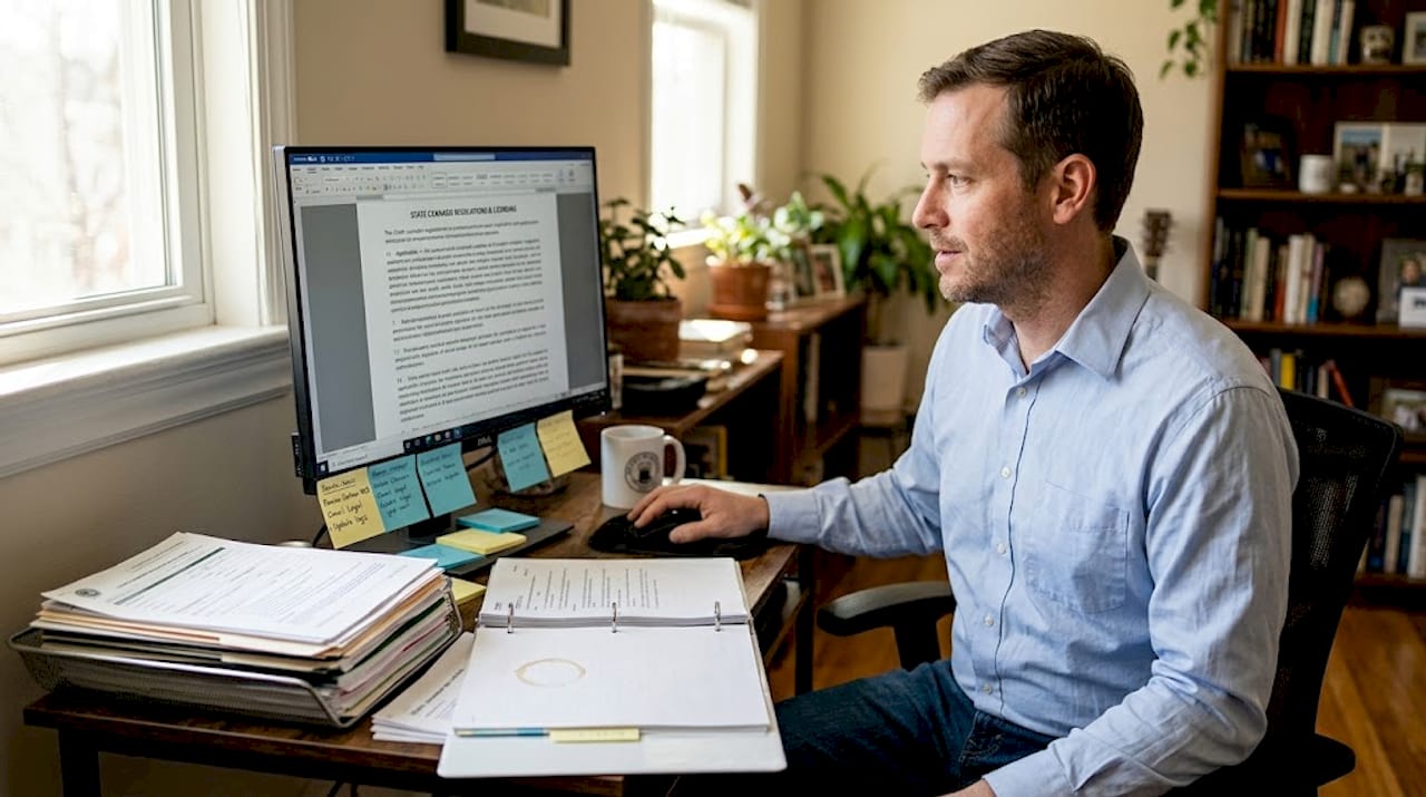 Manager reviewing cannabis compliance paperwork