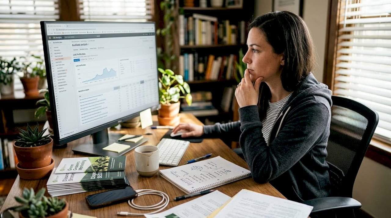 SEO specialist analyzing cannabis backlink profile