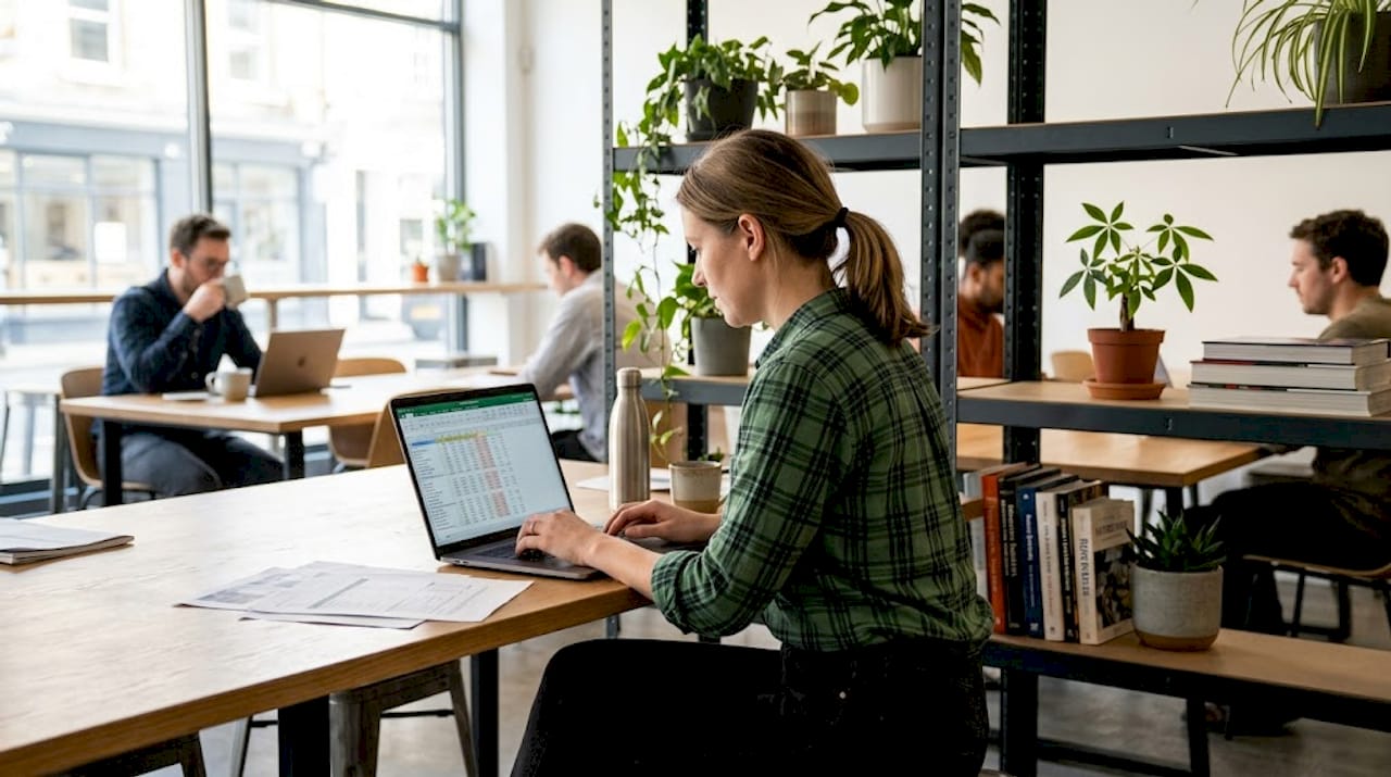 Cannabis businesswoman researching at shared workspace