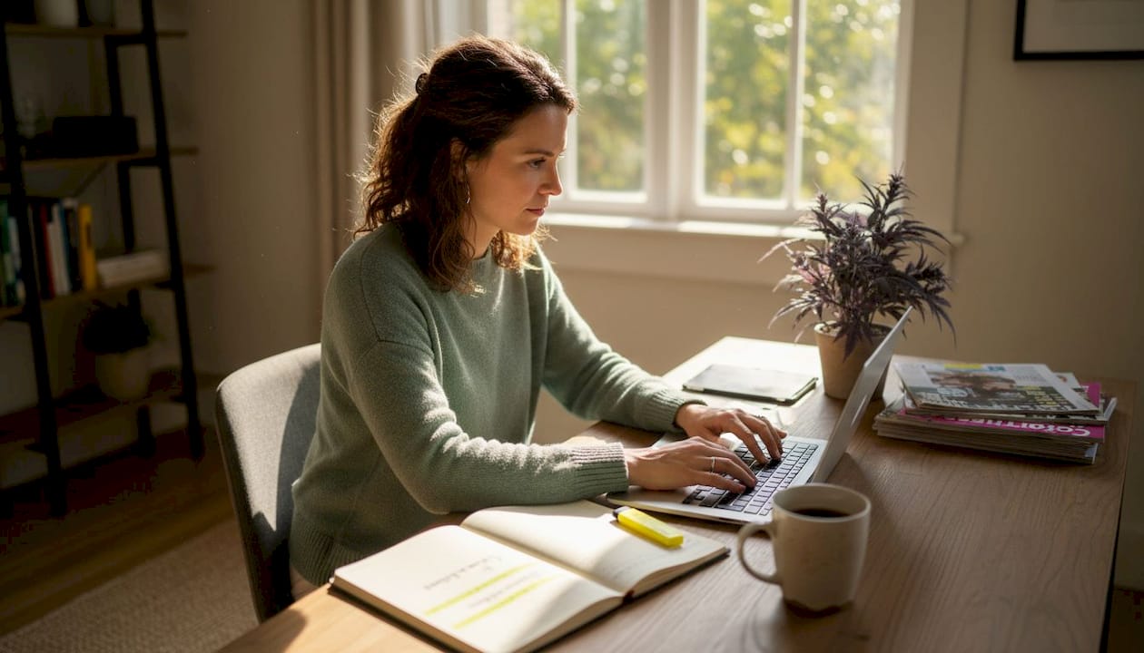 Strategist writing cannabis content in office
