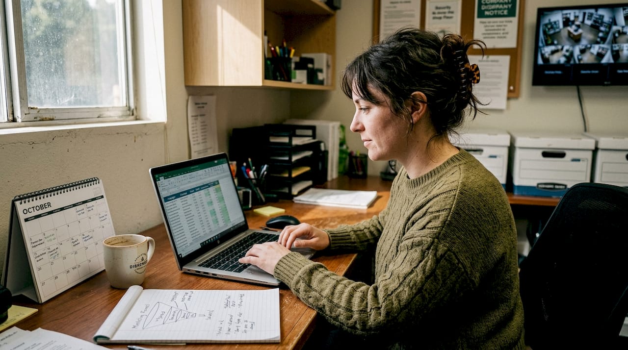 Dispensary manager reviewing marketing funnel data