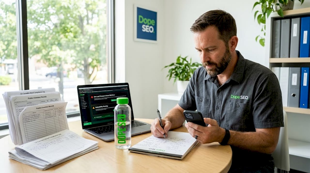 Dispensary manager checking mobile phone in office
