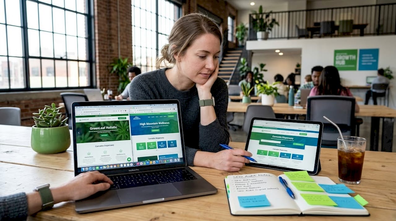 Professional researching dispensary comparison sites at laptop