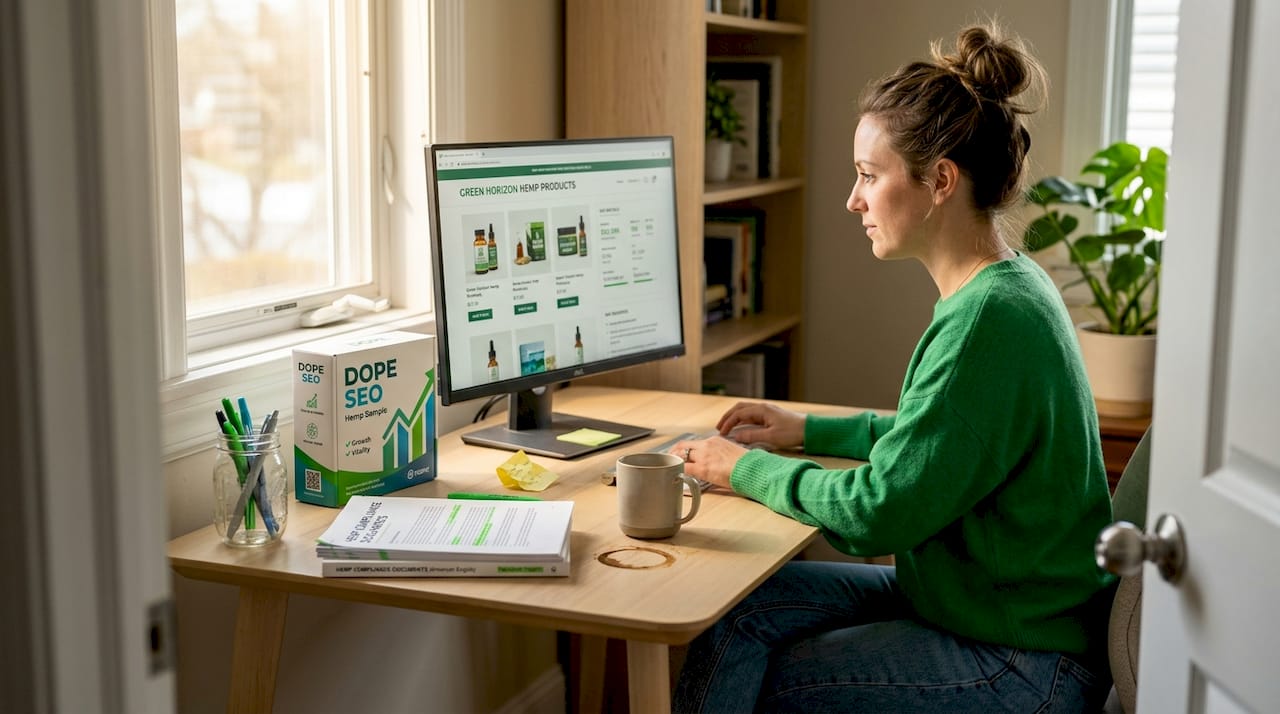 Hemp marketer working at home office desk