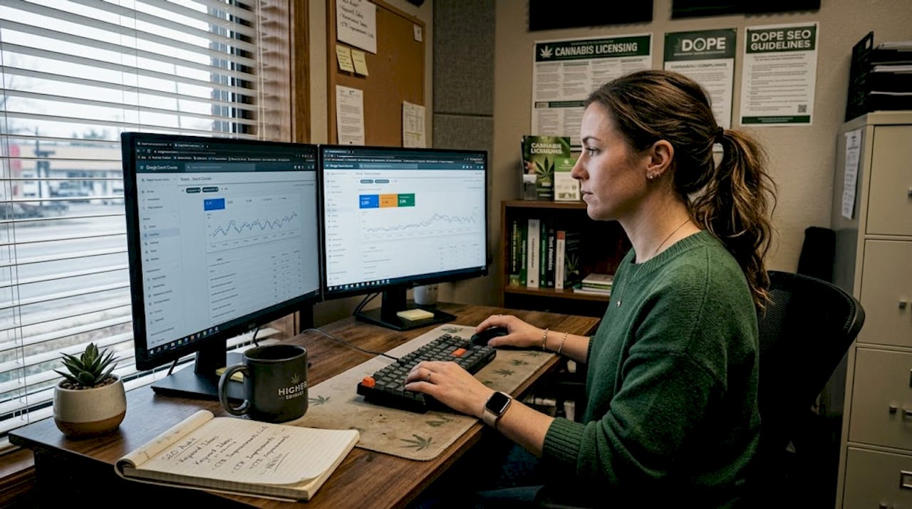 SEO specialist reviewing analytics in dispensary office