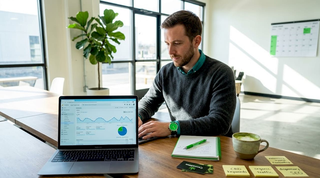 Marketer reviewing SEO data at coworking table