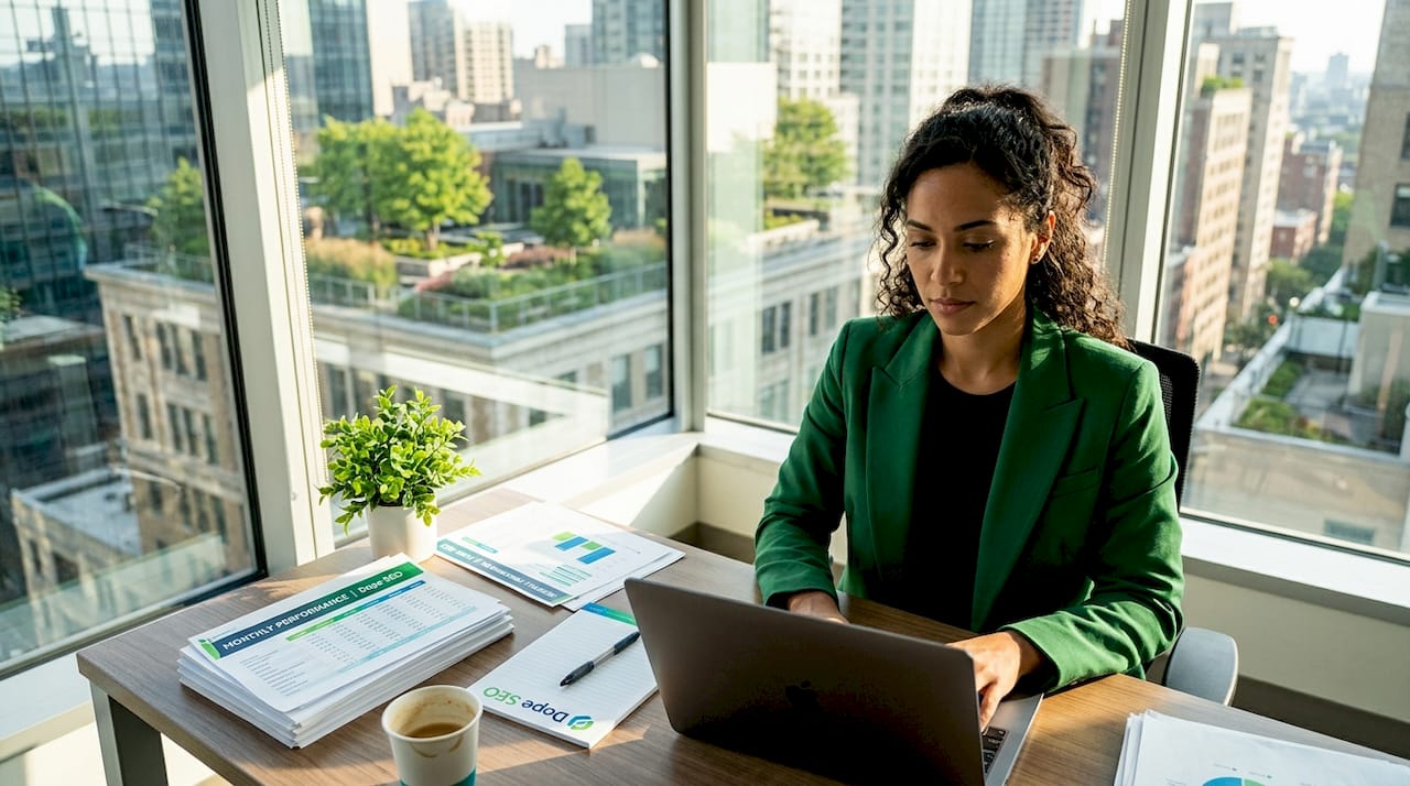 Marketing manager reviewing cannabis analytics in office