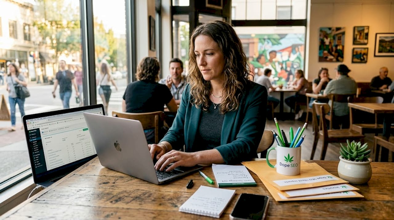 Cannabis business owner uses laptop in retail office