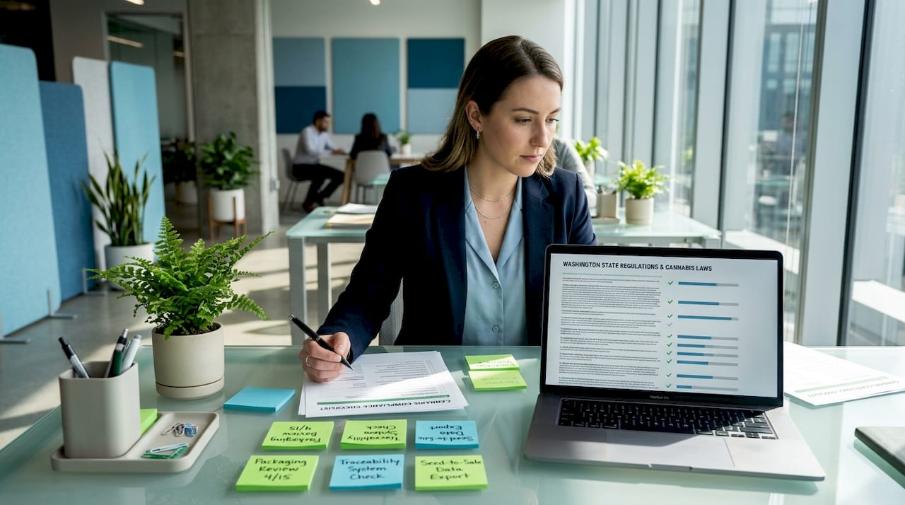 Businesswoman reviewing cannabis compliance checklist