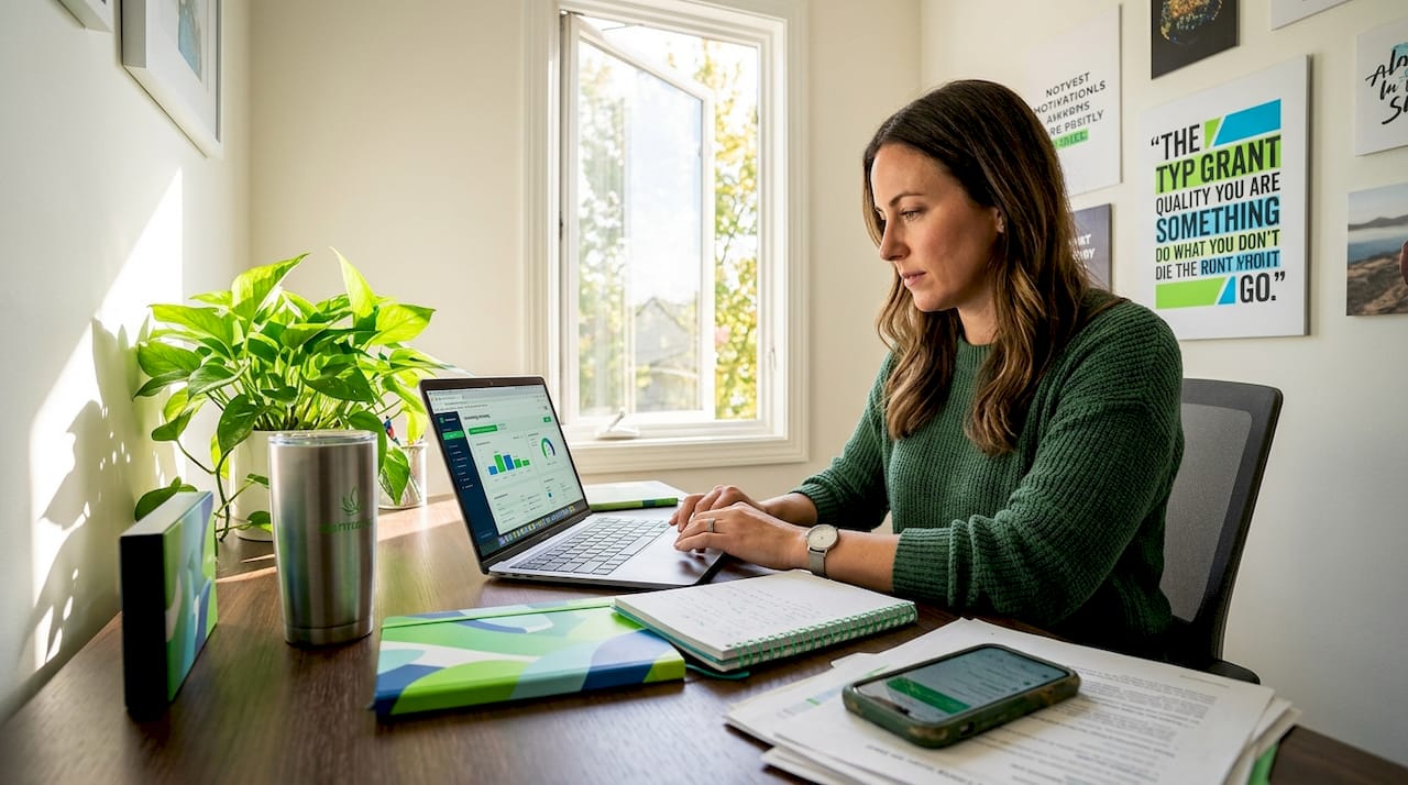 Cannabis marketer at desk with laptop and notes