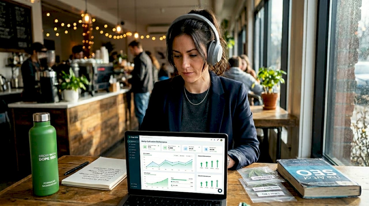 Professional reviewing SEO dashboard for hemp site