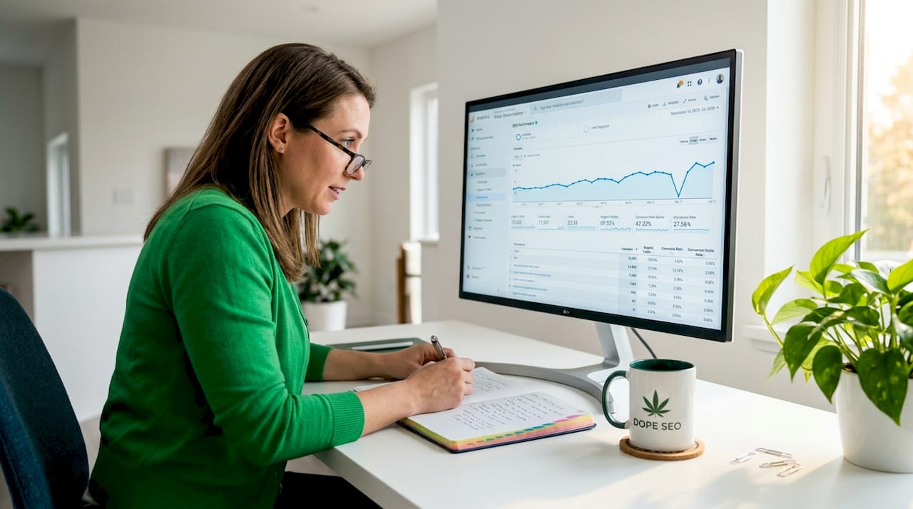 Woman reviewing cannabis website analytics at home desk