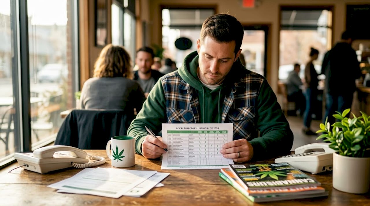 Cannabis business owner reviewing directory listings