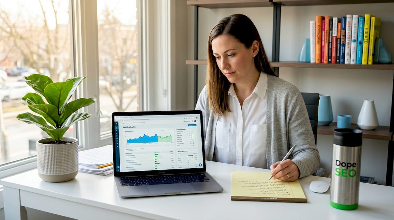 Professional reviewing cannabis SEO data at desk