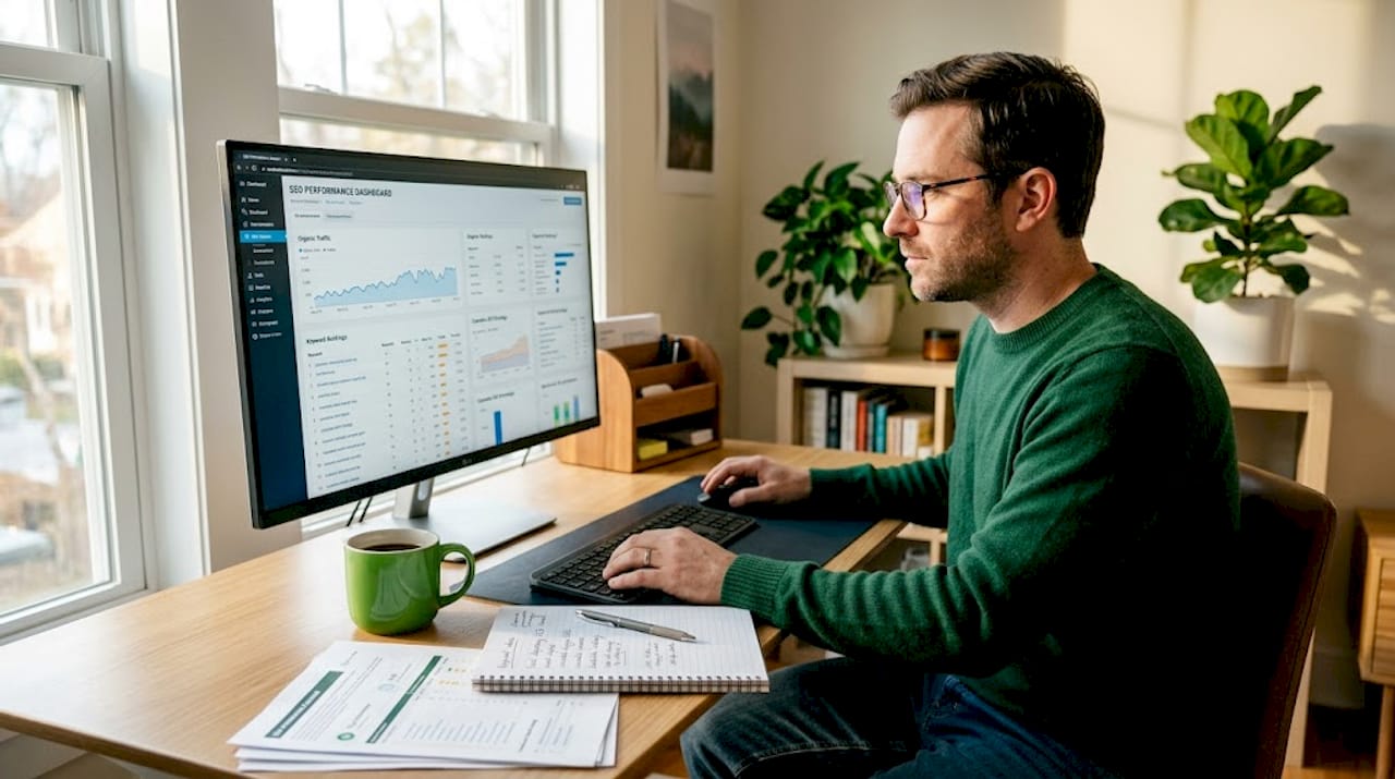 Cannabis business owner checking SEO on desktop