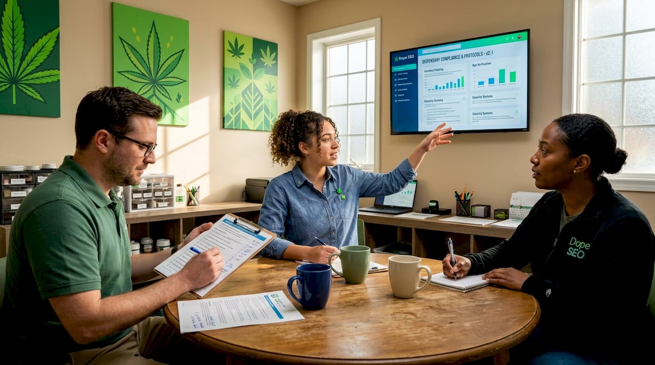 Dispensary staff meeting in bright office