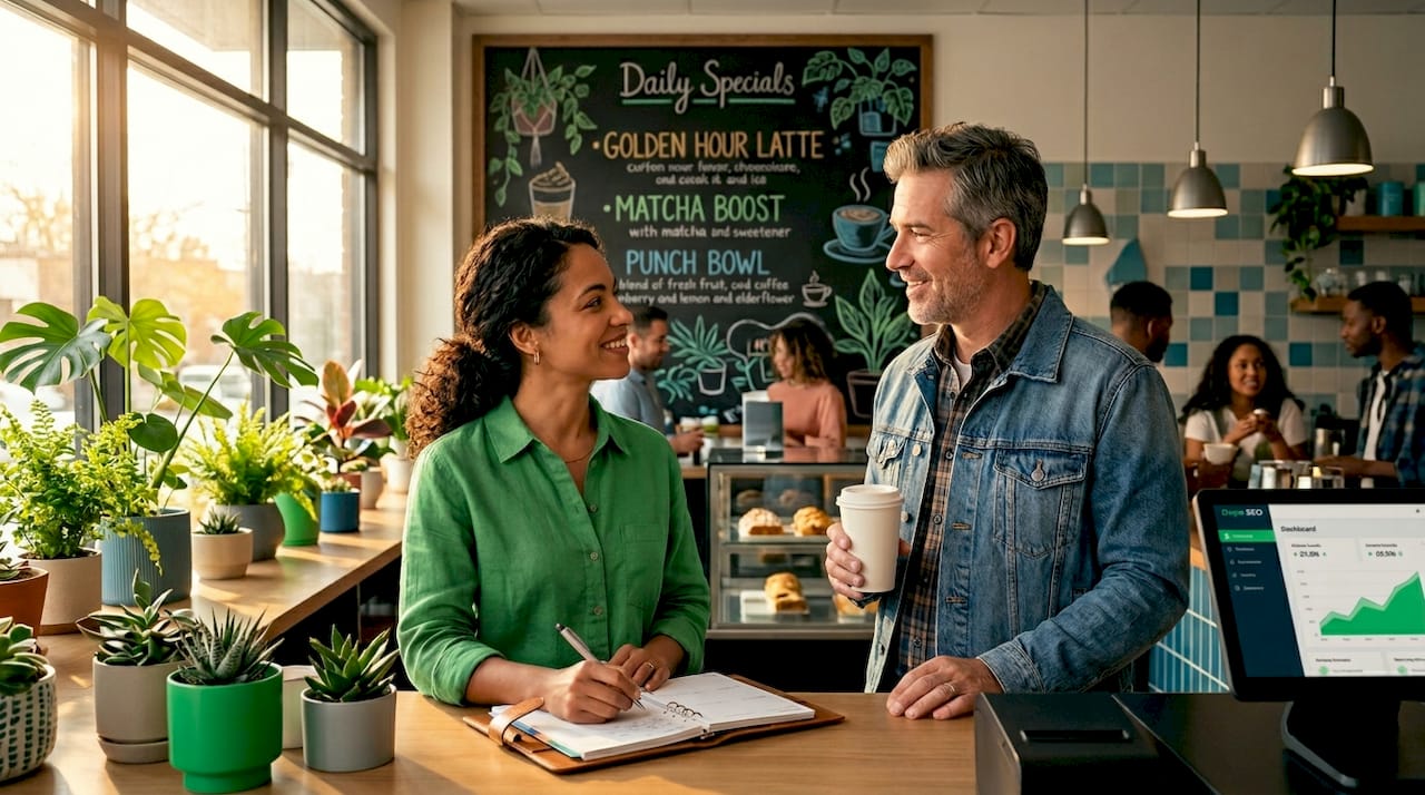 Shopkeeper chatting with local customer at counter