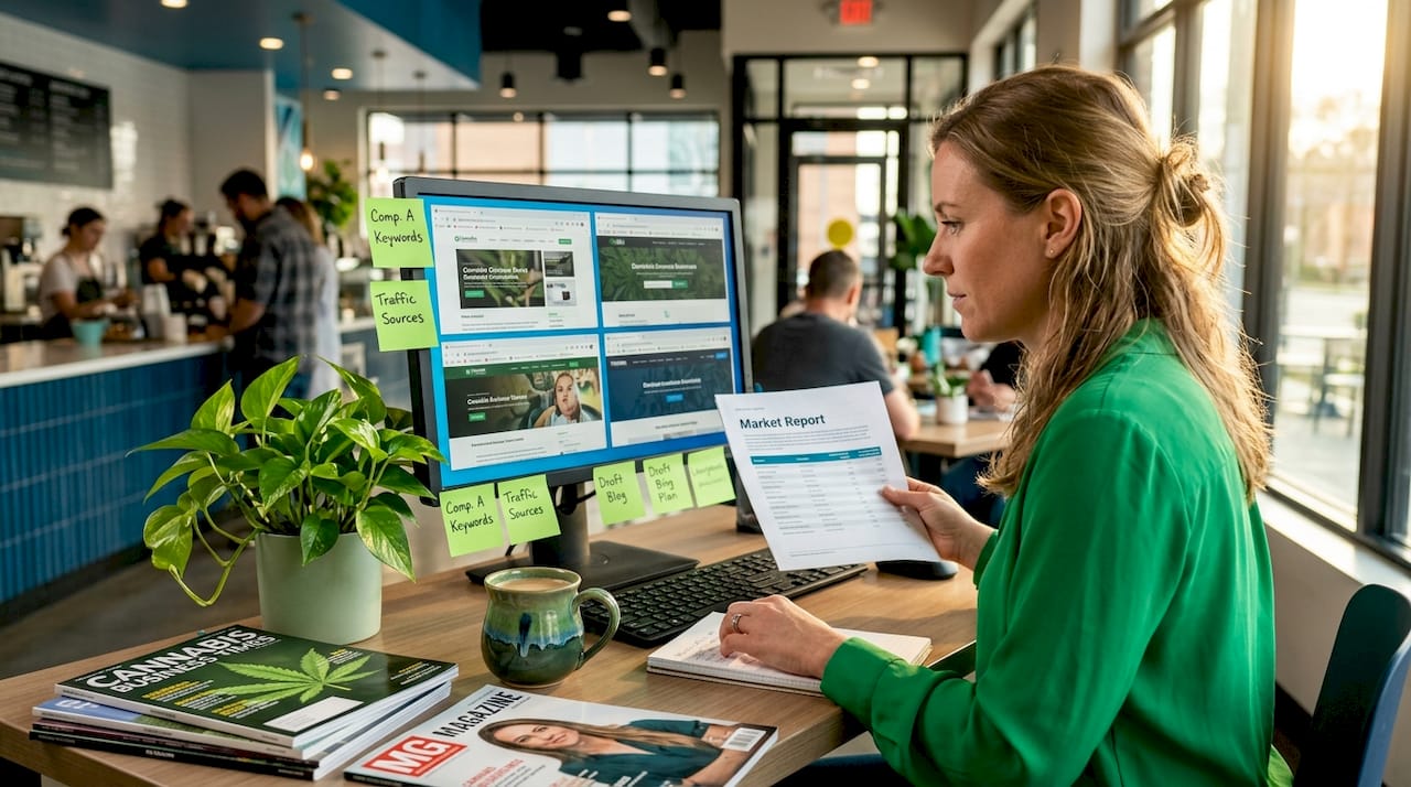 Cannabis marketer reviewing competitor analysis at desk