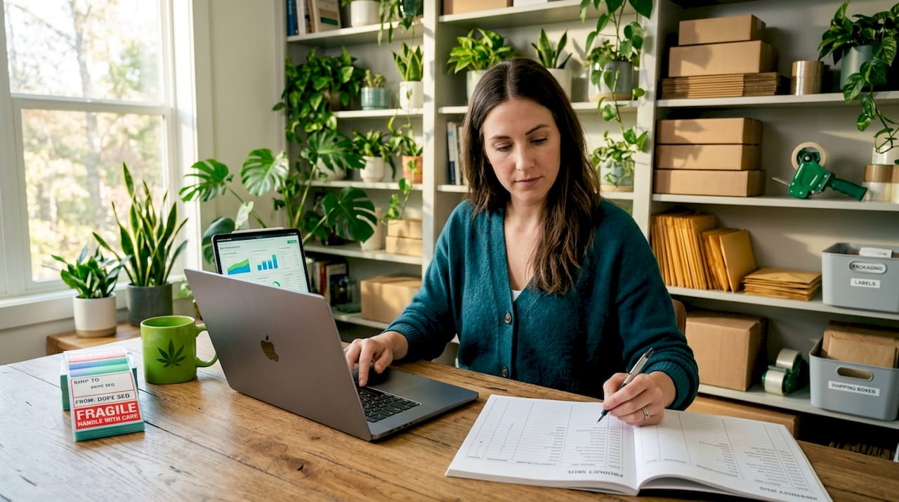 Online store owner works on laptop at home desk