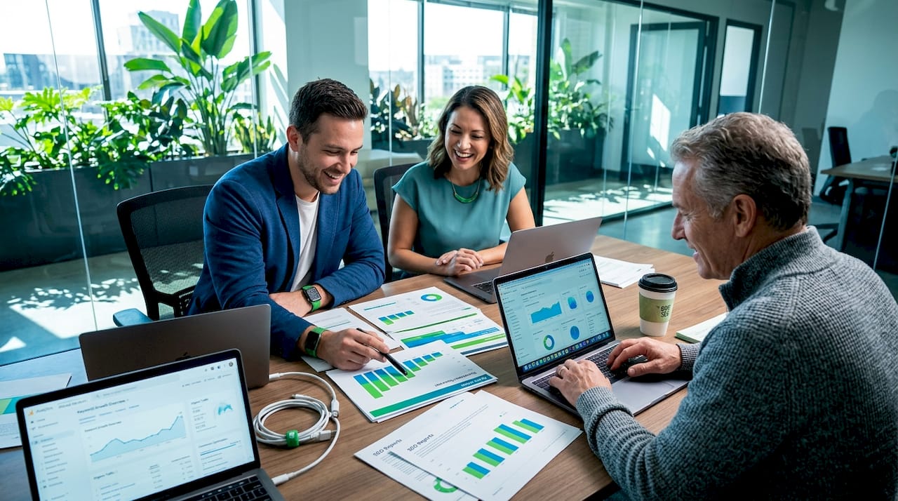 Agency team reviewing marketing data at table