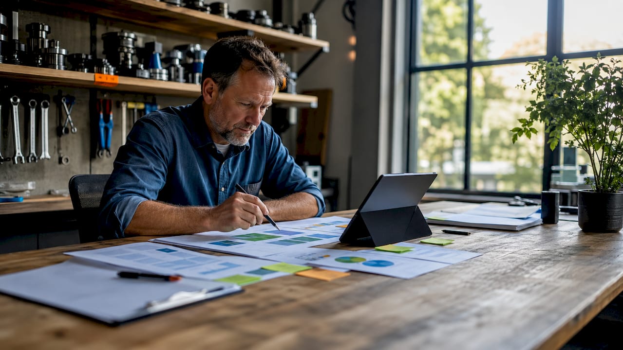Industrial buyer examining SEO documents in factory office