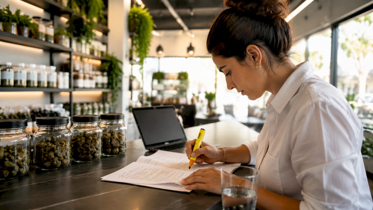 Dispensary manager reviewing customer feedback forms