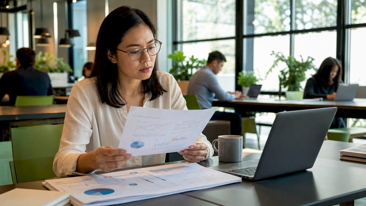 Woman reviewing search penalty reports at desk